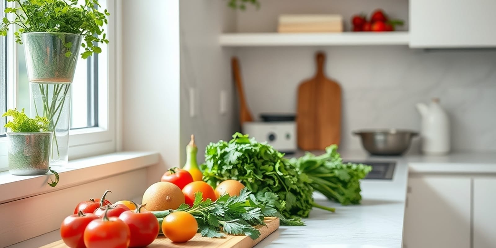 A home kitchen counter with fresh vegetables and herbs